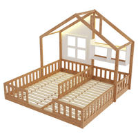 HAUSBETT 90/200 cm DE-01549, in Holzfarbe, mit LED-Beleuchtung, Fenstern und Schornstein - Naturfarben, Holz (90/200cm) - ComfortXL