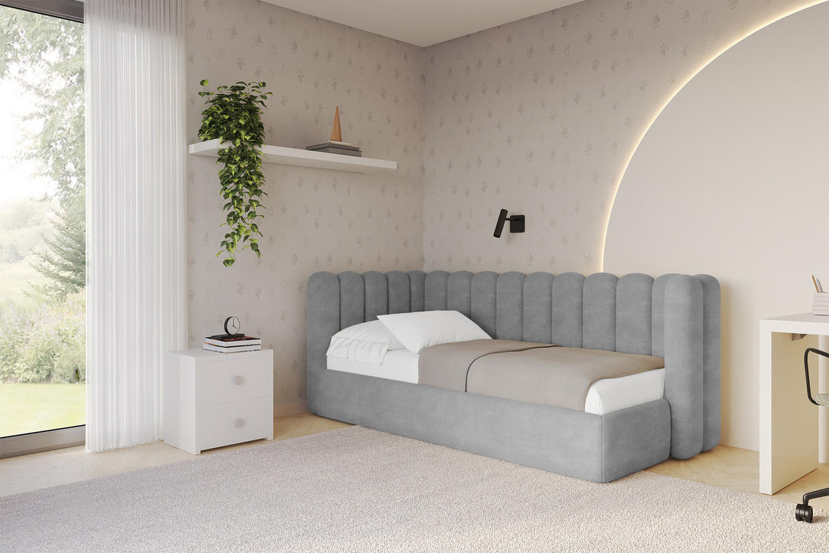 EINZELLBETT Jugendbett mit Bettkasten und Matratze H3/H4, Rechts - HUGY 100x200 Grau - Silberfarben, Holzwerkstoff/Textil (100/200cm) - ALTDECOR