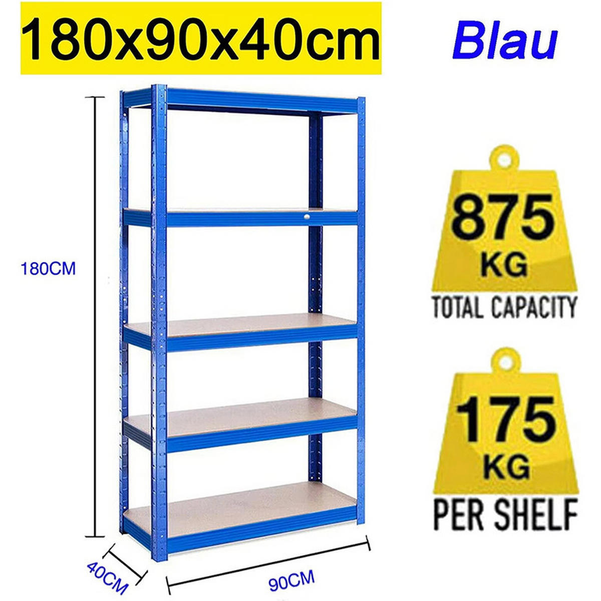 SCHWERLASTREGAL 90x180x40 cm Schwerlast Stahl Regal - Blau, Metall (90/180/40cm) - Kaket