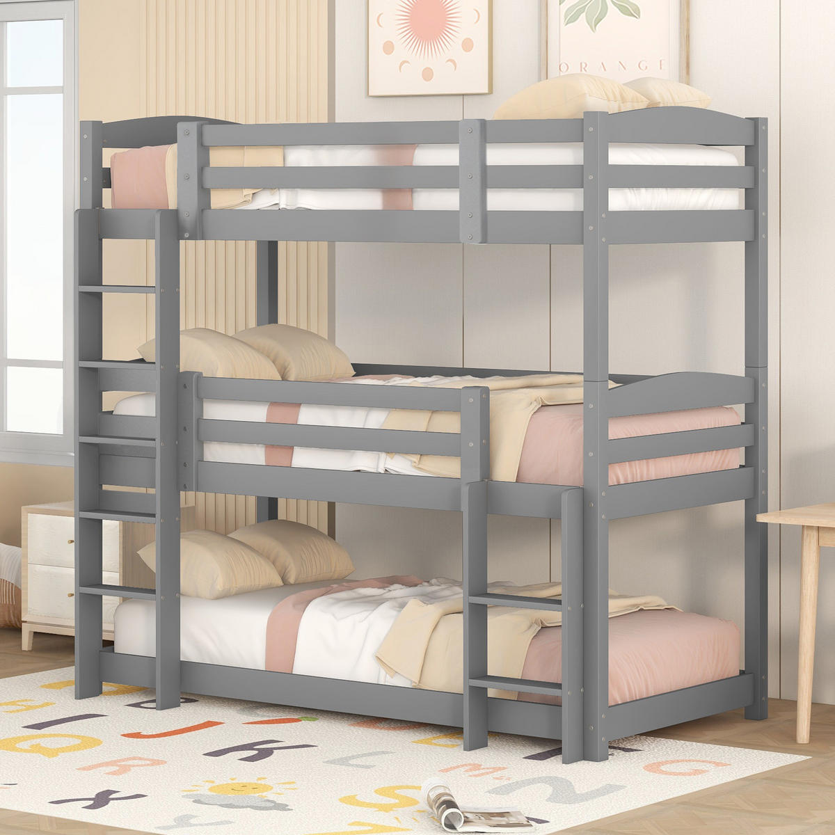 ETAGENBETT aus Kiefer und MDF 90x200 cm Grau, 3 Schlafplätze, mit 2 Leitern und hoher Absturzsicherung - Grau, Holzwerkstoff (90/200cm) - Modfu