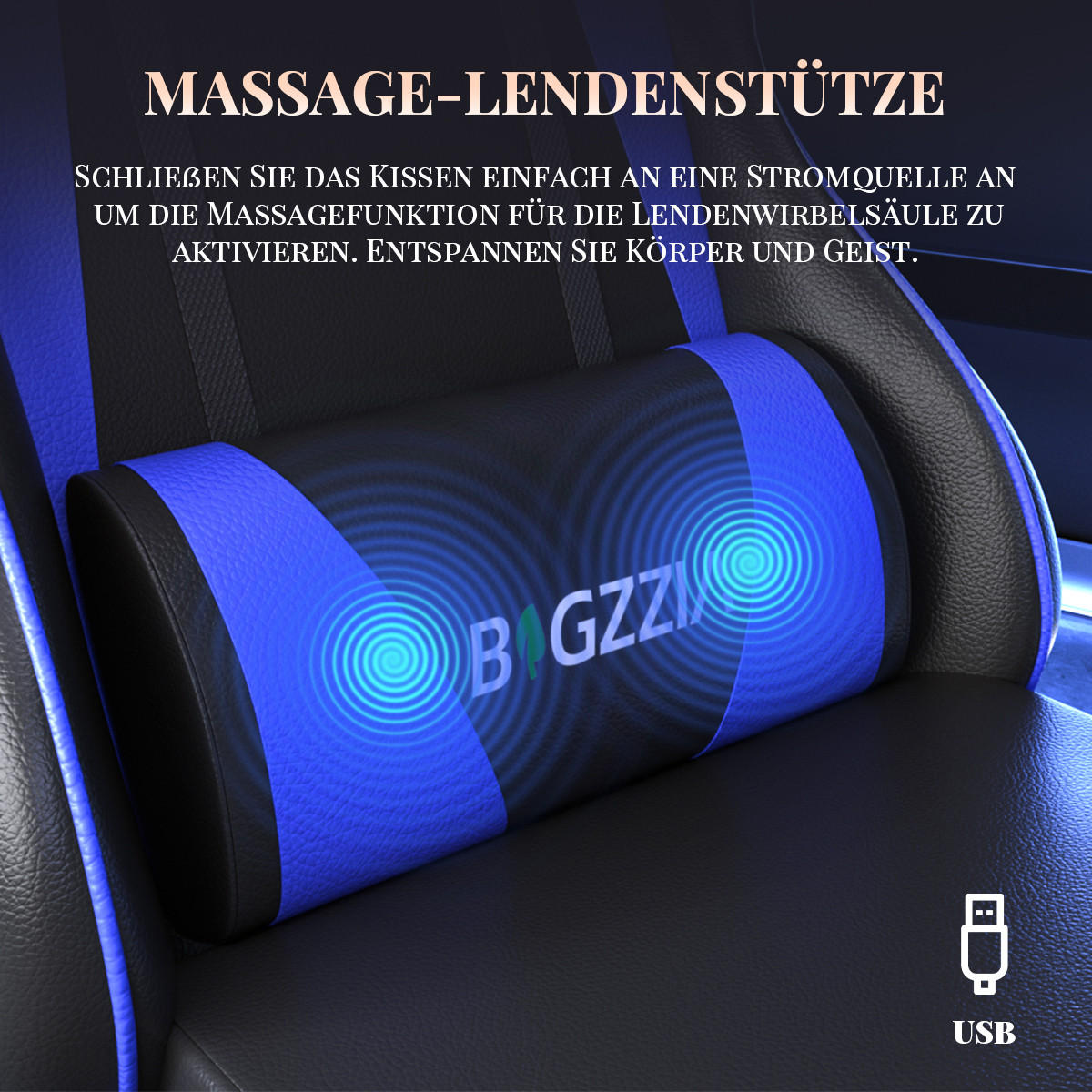 GAMINGSTUHL Schwarz-Blau,mit Massage,Fußstütze, Ergonomisch, Verstellbar - Blau, Metall (26/59/77cm) - Rattrix