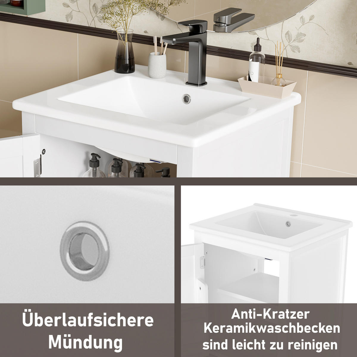 WASCHTISCHKOMBI 51/46/85 cm Weiß aus Keramik und MDF mit verstellbarem Regal - Weiß, Holzwerkstoff (51/85/46cm) - OKMYHOME