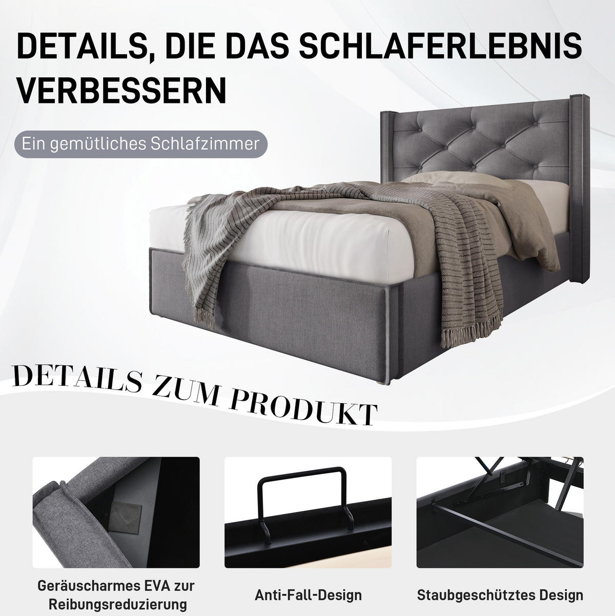 POLSTERBETT 90/200 cm Grau aus Baumwolle mit Stauraum - Grau, Textil (90/200cm) - OKMYHOME