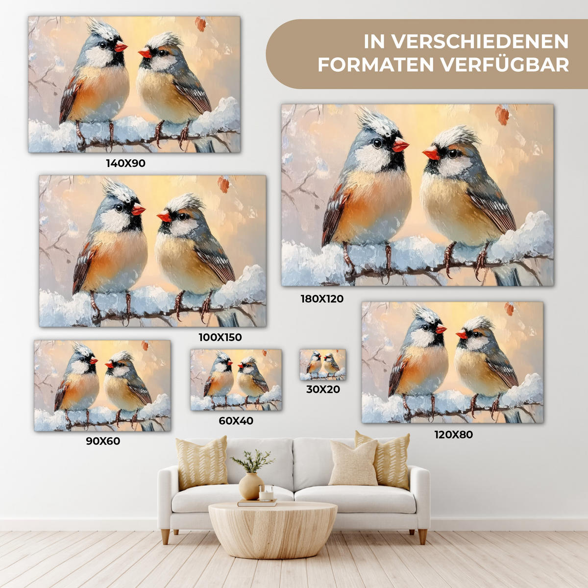 LEINWANDBILD Vögel - Zweig - Winter - Schnee XXL 150x100 cm - Pastellblau, Textil (150/100cm) - MuchoWow