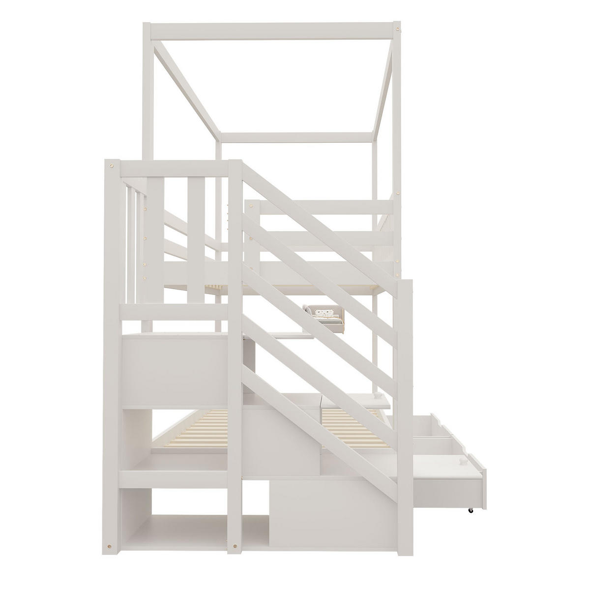 ETAGENBETT 90/200 cm mit Sicherheitsleiter, Schubladen und Hausform, Weiß - Weiß, Holzwerkstoff (90/200cm) - Redom
