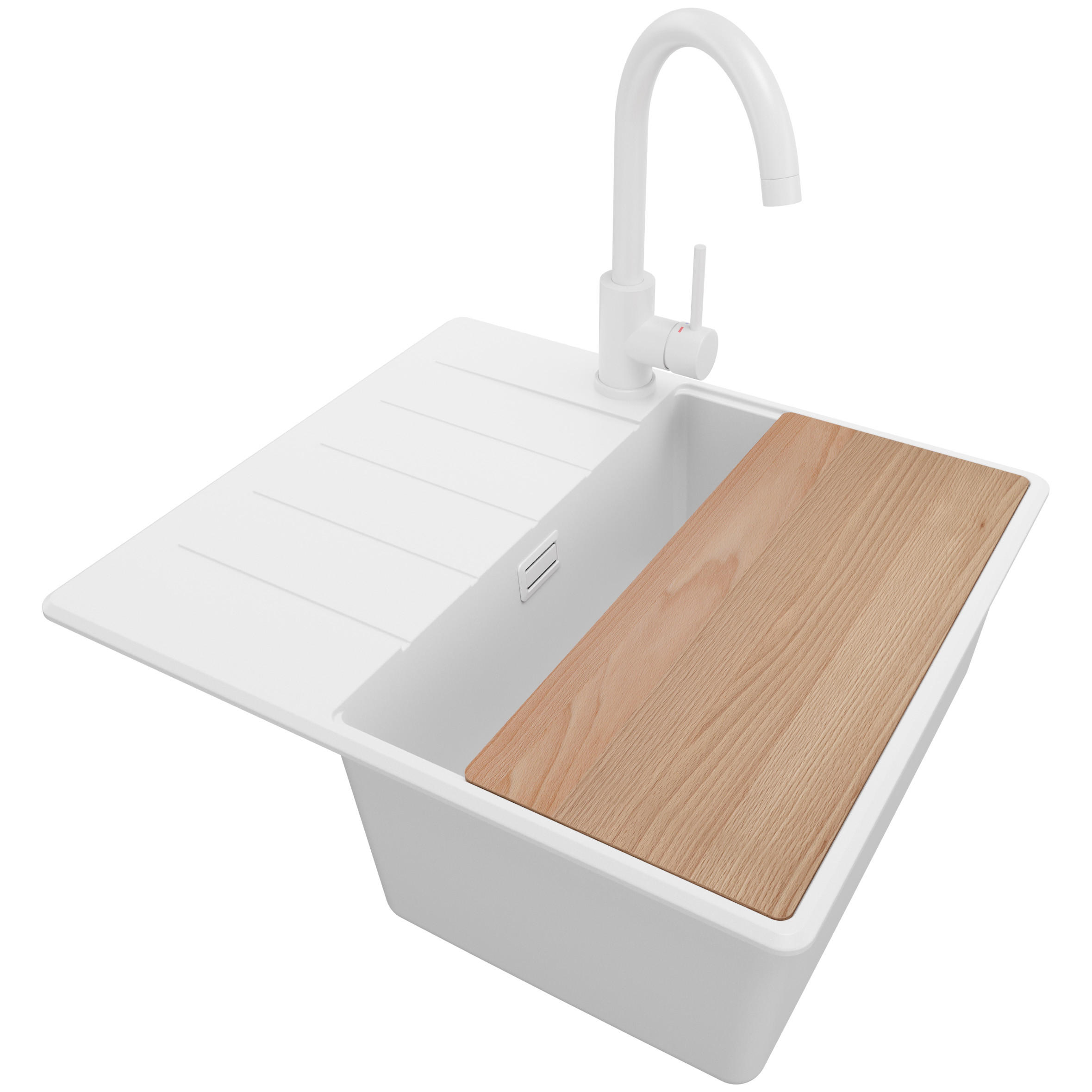 GRANITSPÜLE Kopenhagen, 2-er set Alles Weiß 55/50 cm 1 Becken + Küchenarmatur 32/20 cm + Ablauf-Set + Schneidebrett ab 40er Unterschrank - Beige/Weiß, Kunststoff (55/20/50cm) - Primagran