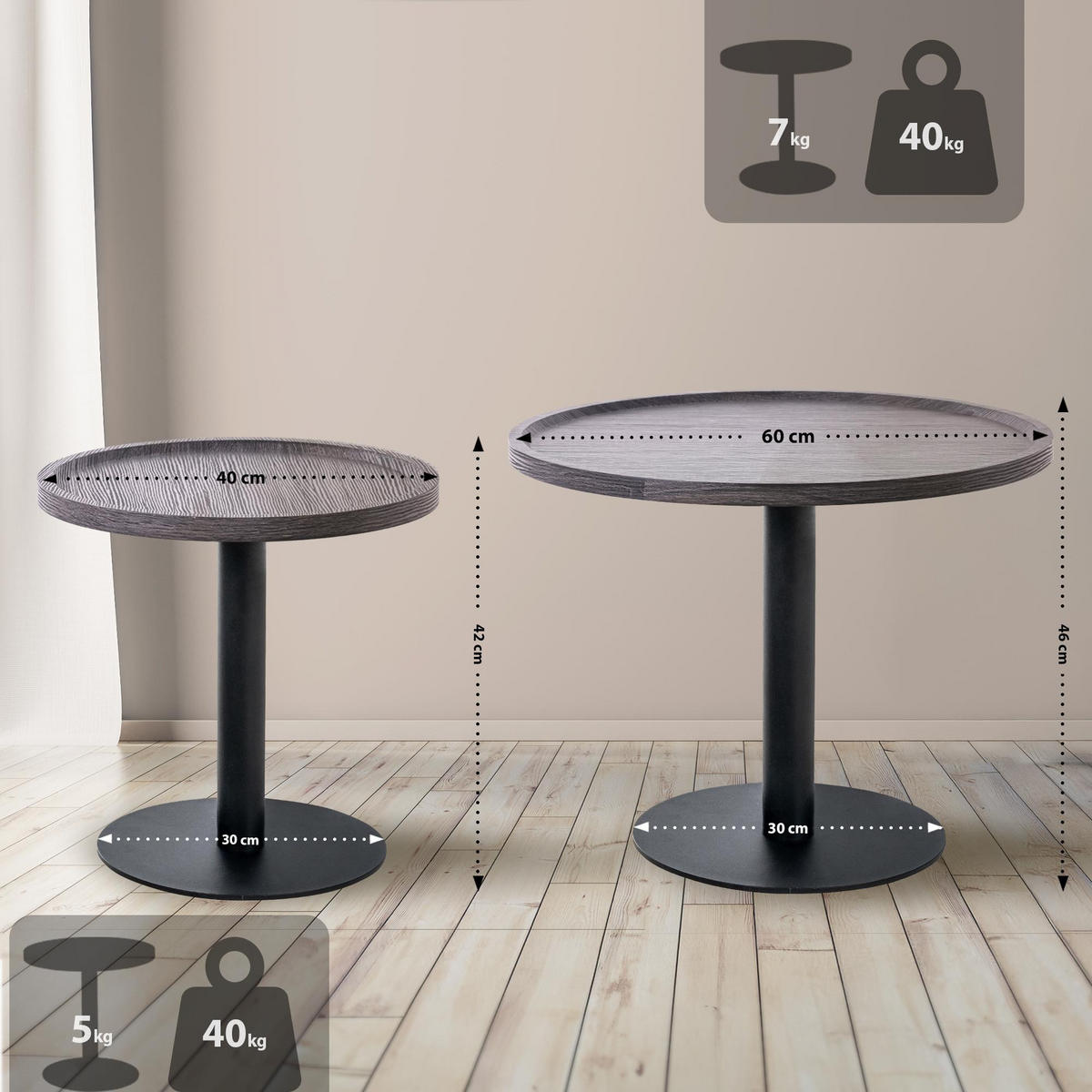 BEISTELLTISCH Kombi Set Holz Grau - Schwarz/Grau, Holz/Metall (40/40/42cm) - CLP