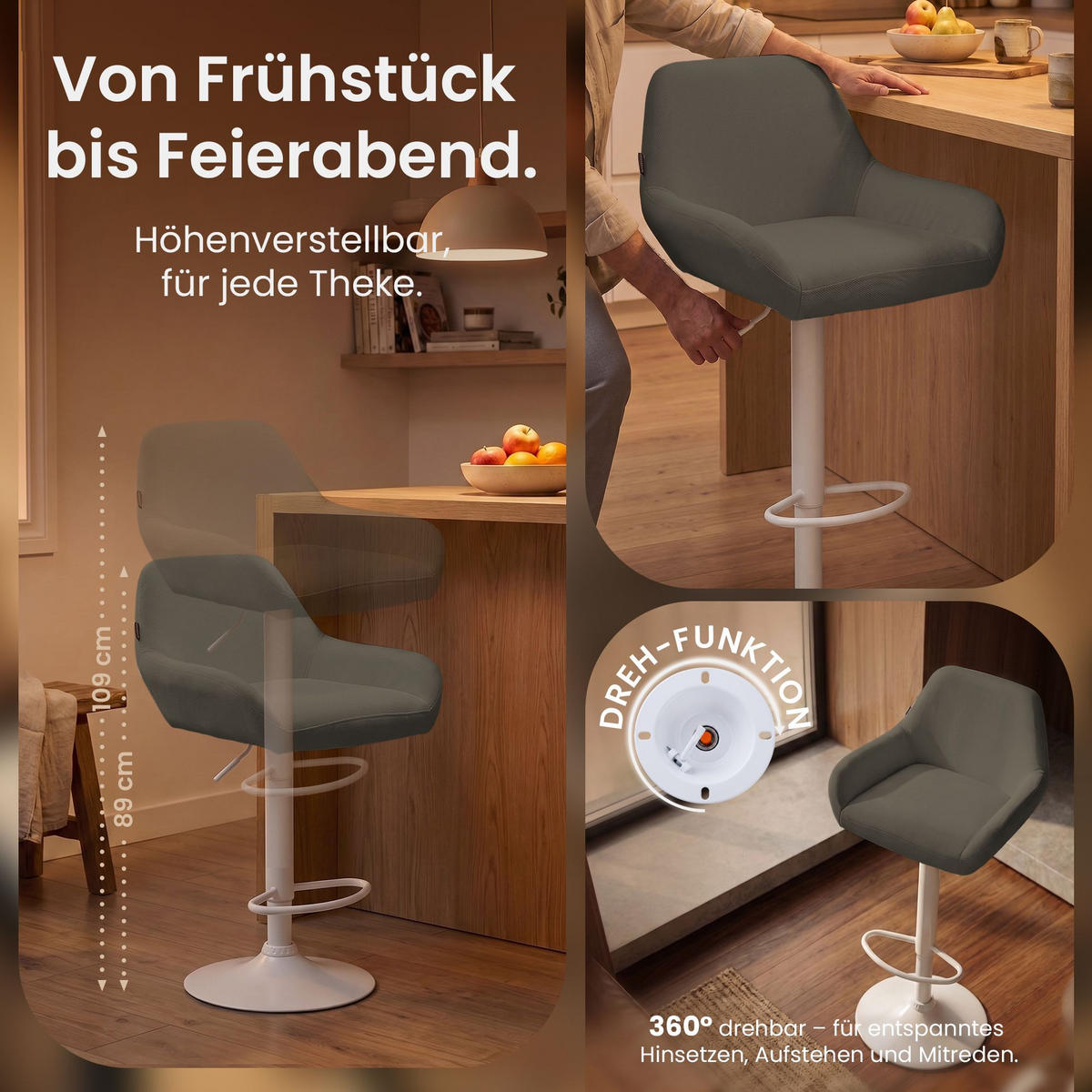 BARHOCKER 2 Stoff Taupe - Taupe/Weiß, Textil/Metall (51/89/52cm) - CLP