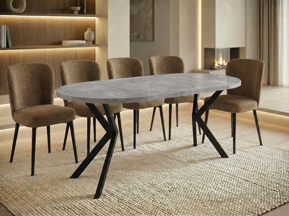 ESSTISCH Valeo runder ausziehbarer, Grauer Beton 100-180/100/76 cm - Hellgrau/Schwarz, Holzwerkstoff/Metall (100/100/76cm) - WFL GROUP