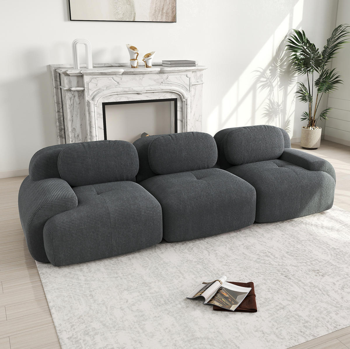 ECKSOFA modular, rahmenlos mit ergonomischen Armlehnen und rutschfester Unterseite, Grau - Grau, Textil (298/103cm) - Redom
