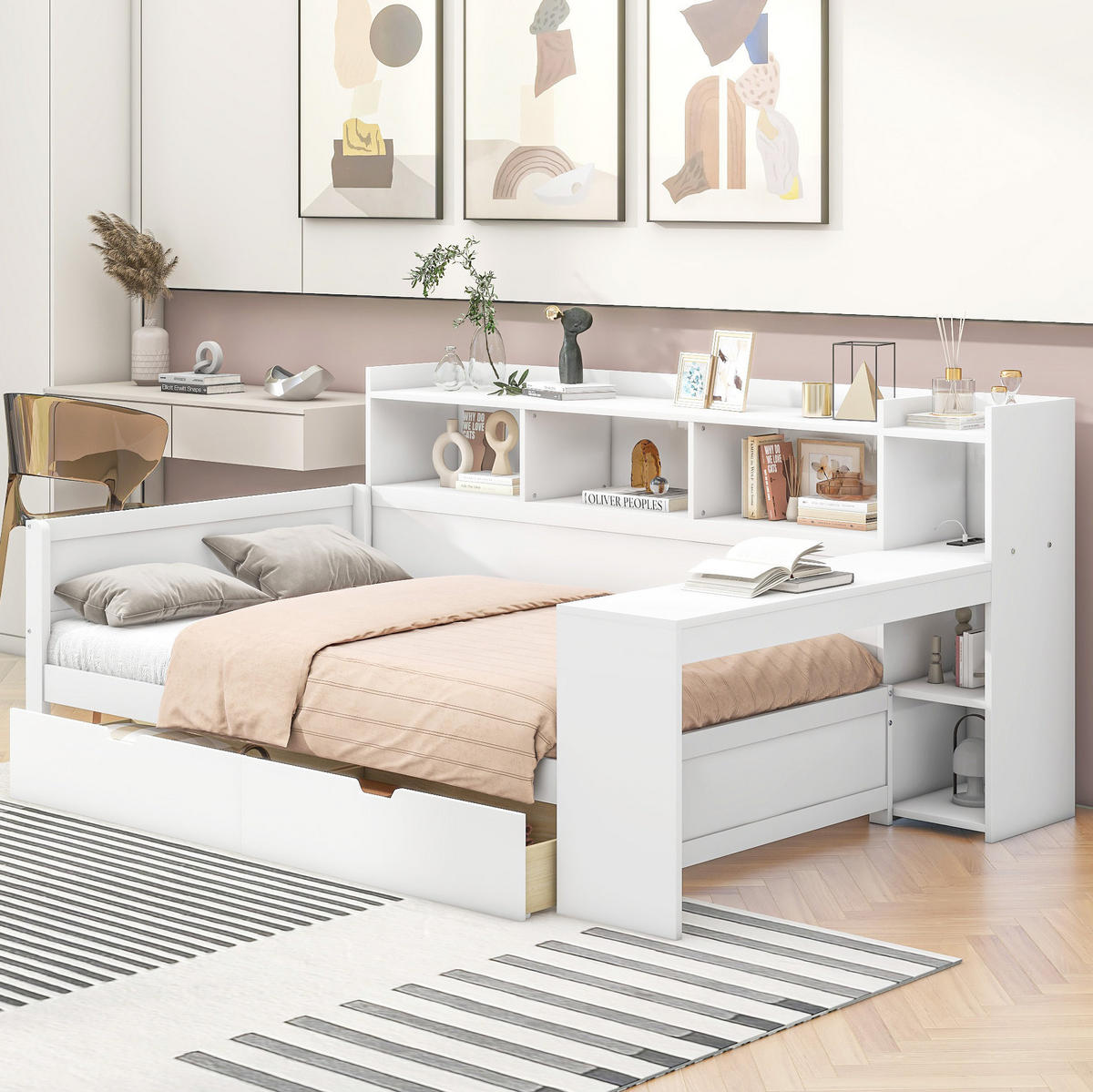 BETT 90/200 cm mit Schreibtisch, 2 Schubladen und USB-Anschluss in Weiß - Weiß, Holzwerkstoff (90/200cm) - Flora Grace