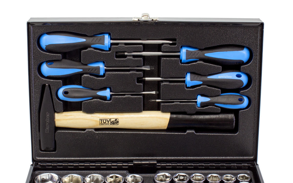 WERKZEUGSET 117-teilig im Werkzeugkasten | Mit Hammer, Schraubendreher, Steckschlüssel, Bitsatz uvm. - Blau, Metall (26/27/40cm) - Karcher