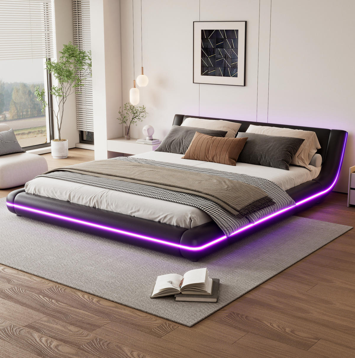 BETT 160/200 cm Schwarz aus PU mit LED-Umgebungslicht - Schwarz, Kunststoff (160/200cm) - OKMYHOME