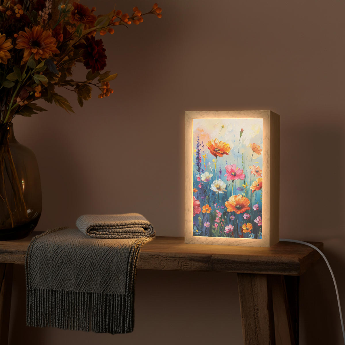 NÁSTĚNNÁ LAMPA Květiny - Příroda - Akvarel - Umění 20x30 cm - různobarevná, kompozitní dřevo (20/30/8cm) - OnlyWow