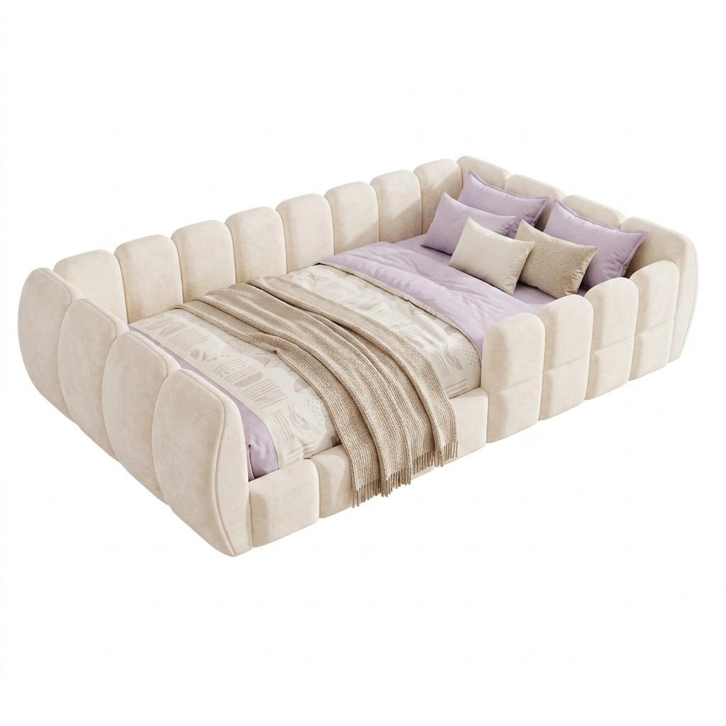 POLSTERBETT 90/200 cm in Beige mit geschlossenem Design und abgerundeten Kanten aus Samt - Beige, Holzwerkstoff/Textil - STILVORA