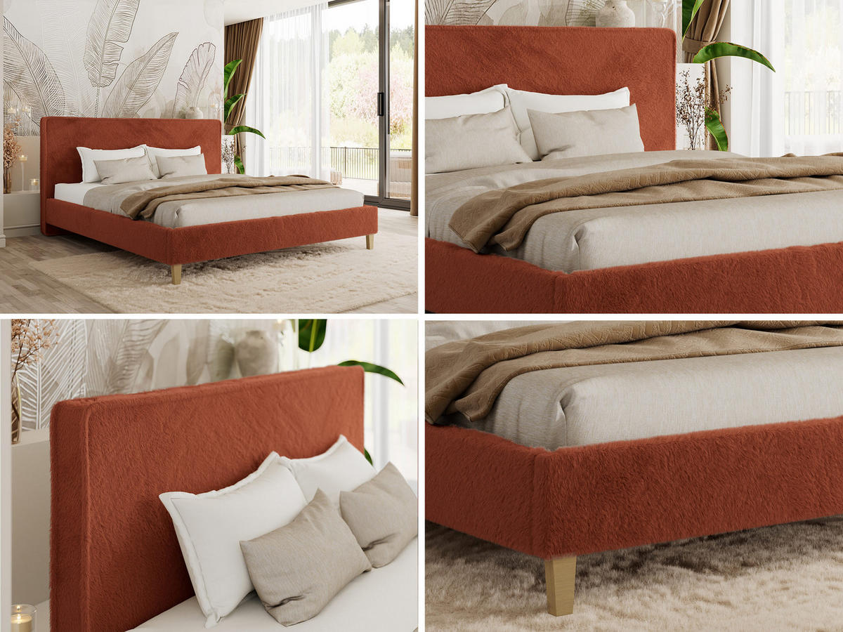 ČALÚNENÁ POSTEĽ LUMARO CLASSIC 140/200 - Oranžová Plyš - Matrac Multipocket - oranžová/jadrový buk, drevo/textil (140/200cm) - MKS