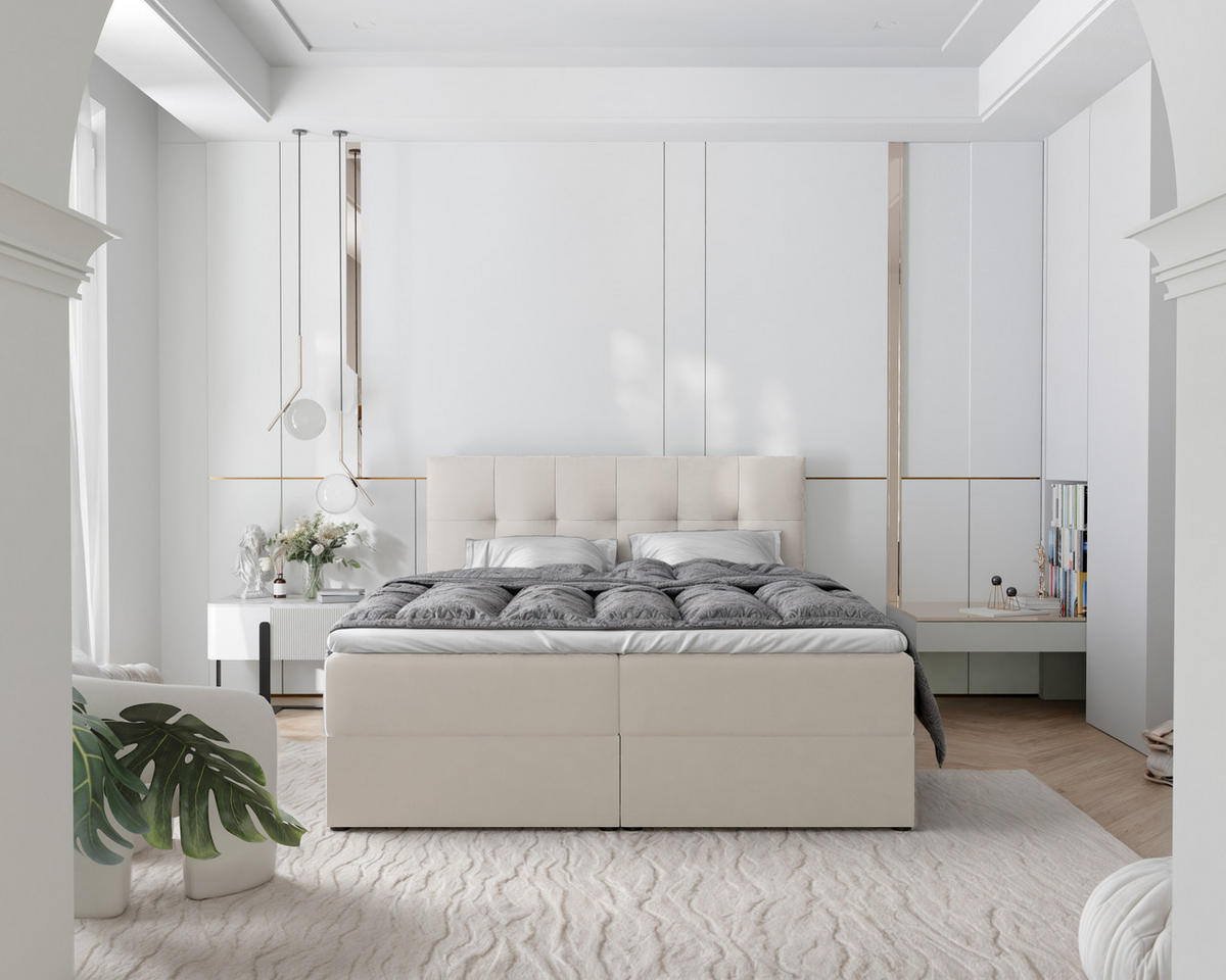 BOXBETT RENZO 200/200 cm mit Matratze und Topper, Creme - Creme, Holzwerkstoff/Textil (200/200cm) - Idohome