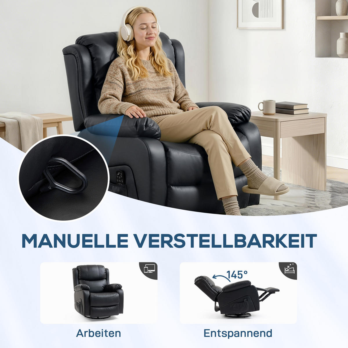 MASSAGESESSEL DE-06425 Wärme- & Liegefunktion, 145° neigbar Schwarz - Schwarz, Metall (85/100/97cm) - ComfortXL