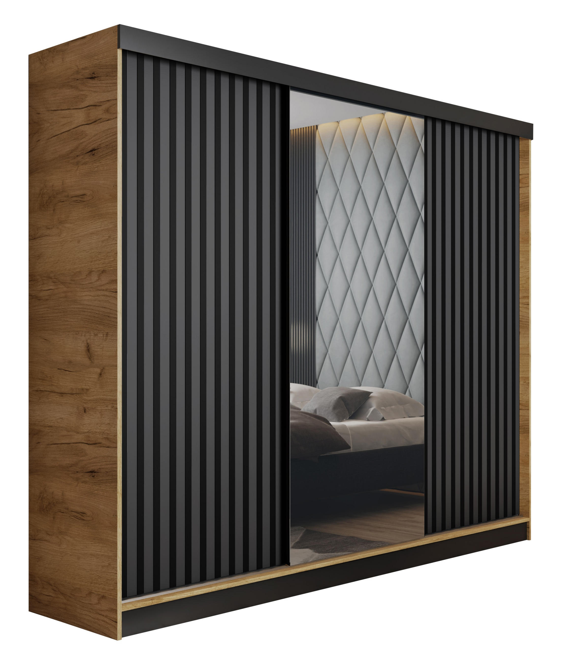 Kier Furniture POSUVNÁ ŠATNÍ SKŘÍŇ MALANI - Dub Craft a Grafitová 200x205x59cm