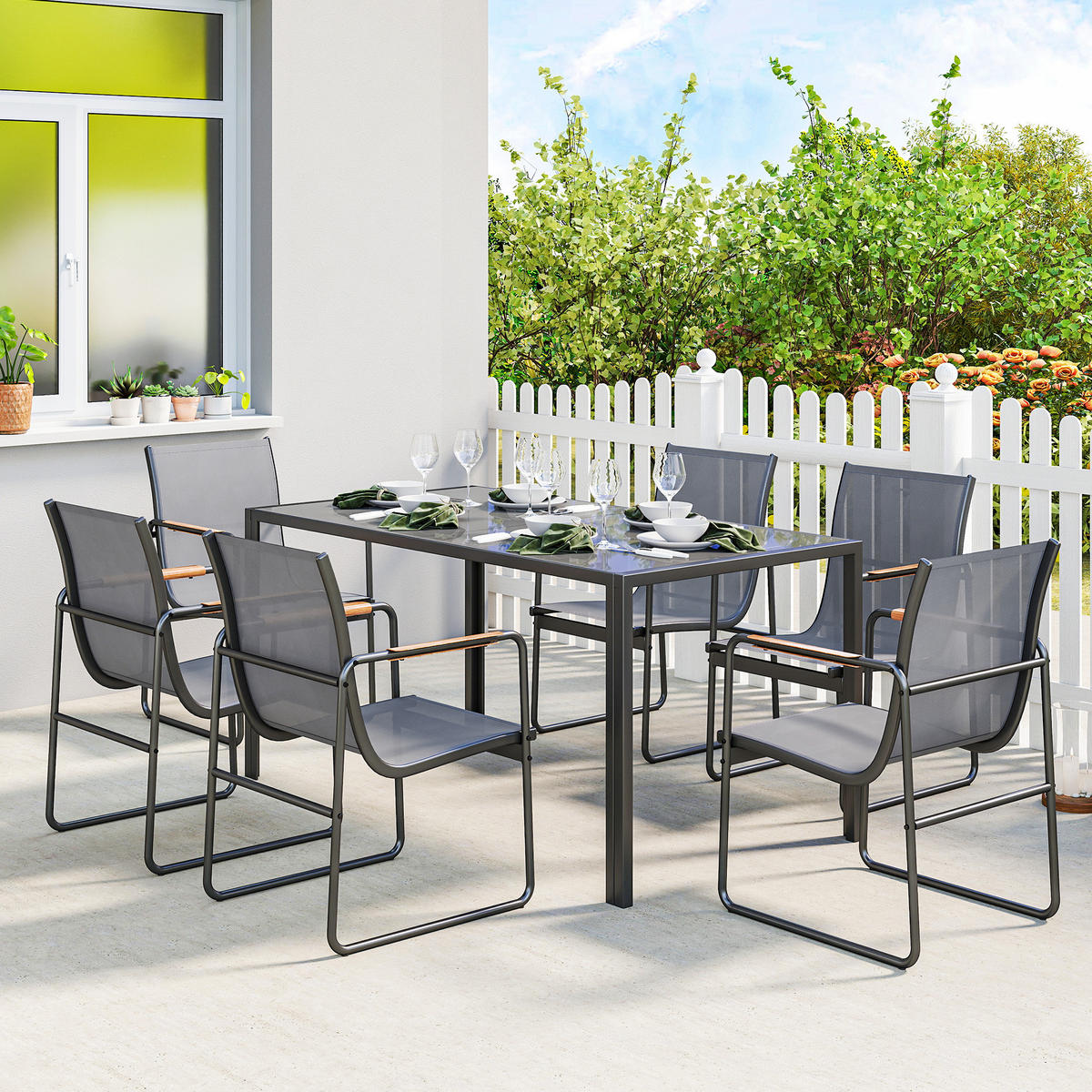 GARTENTISCHGRUPPE DE-18126 7-teilig, mit Mesh-Bezug & Teak-Armlehnen Grau - Grau, Metall - ComfortXL