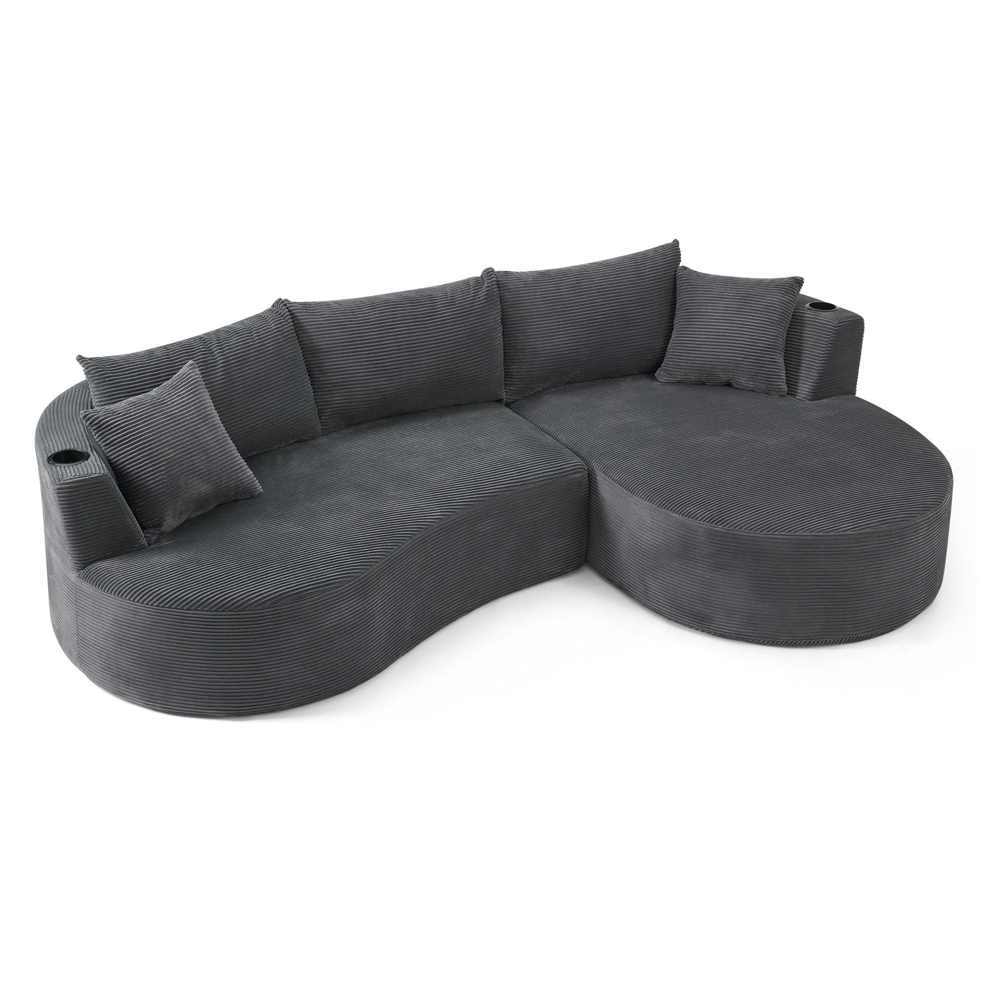 3-SITZER ECKSOFA Cord Grau mit Getränkehaltern und Kissen - Grau, Textil (264/168cm) - WISHDOR