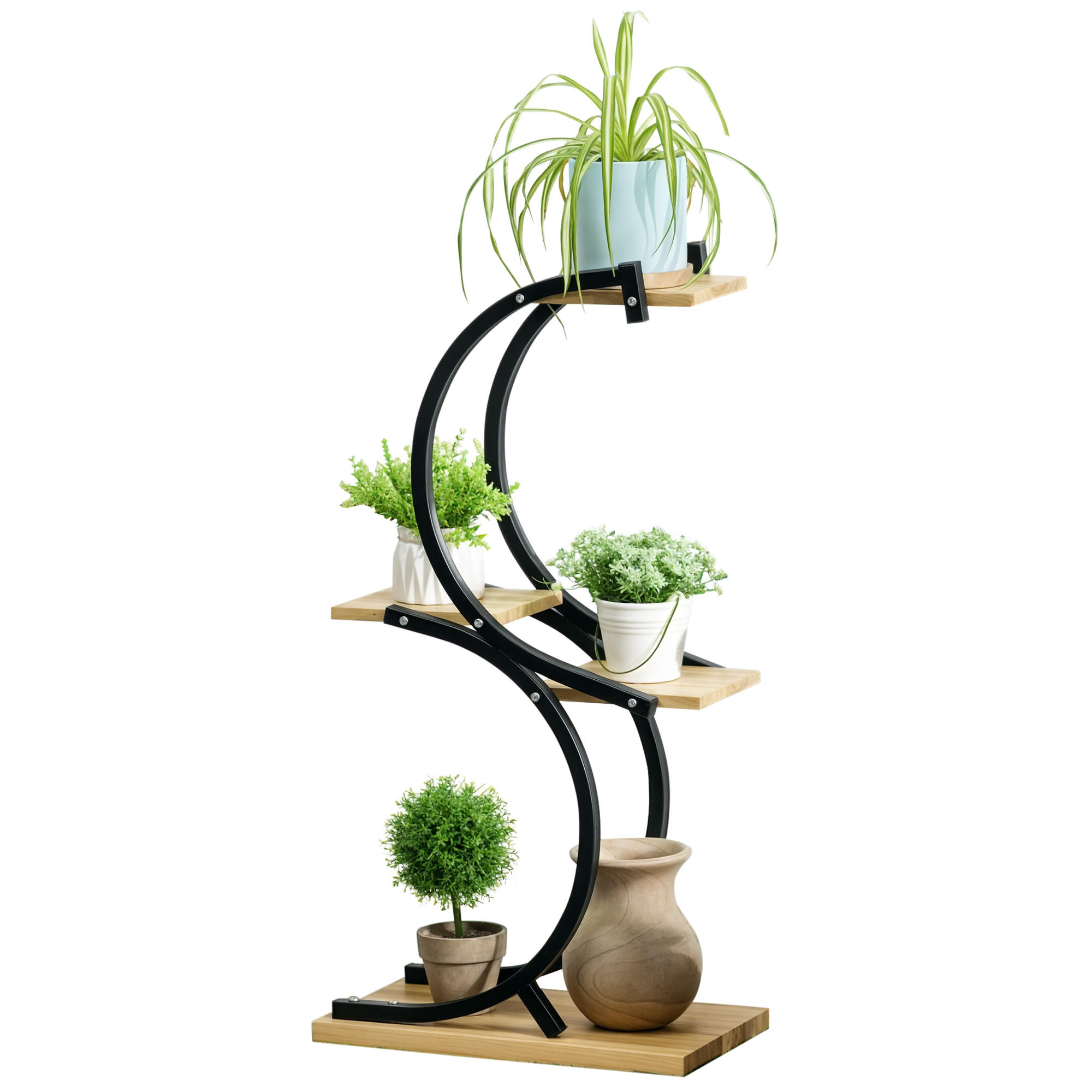 PFLANZENSTÄNDER DE-05478 4 Regale, Holz/Metall Schwarz/Natur - Schwarz/Naturfarben, Holz (46/25/91cm) - ComfortXL
