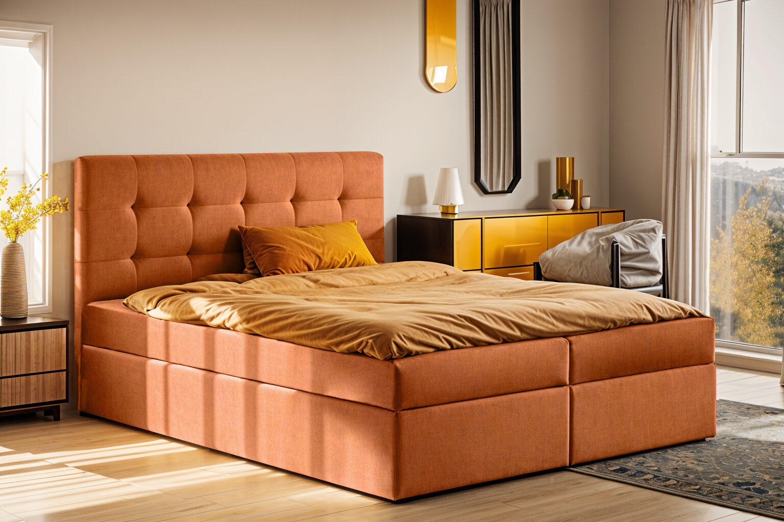BOXBETT Mit Matratze Und Bettkasten LUDANO Stoff Noel Orange 180x200 cm H2-Pocket - Orange, Holz (180/200cm) - Kaiser Möbel