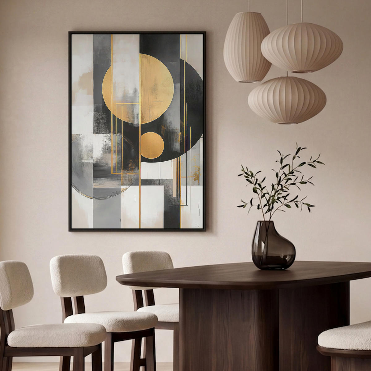 LEINWAND Bilder mit Rahmen - Abstrakt - Gold - Silber - Formen - Ästhetisch - Modern - 100x150 - Goldfarben, Textil (100/150cm) - MuchoWow