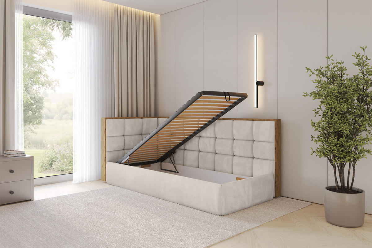 EINZELLBETT Jugendbett mit Bettkasten, Rechts - SOVY 100x200 Beige - Sandfarben, Holzwerkstoff/Textil (100/200cm) - ALTDECOR