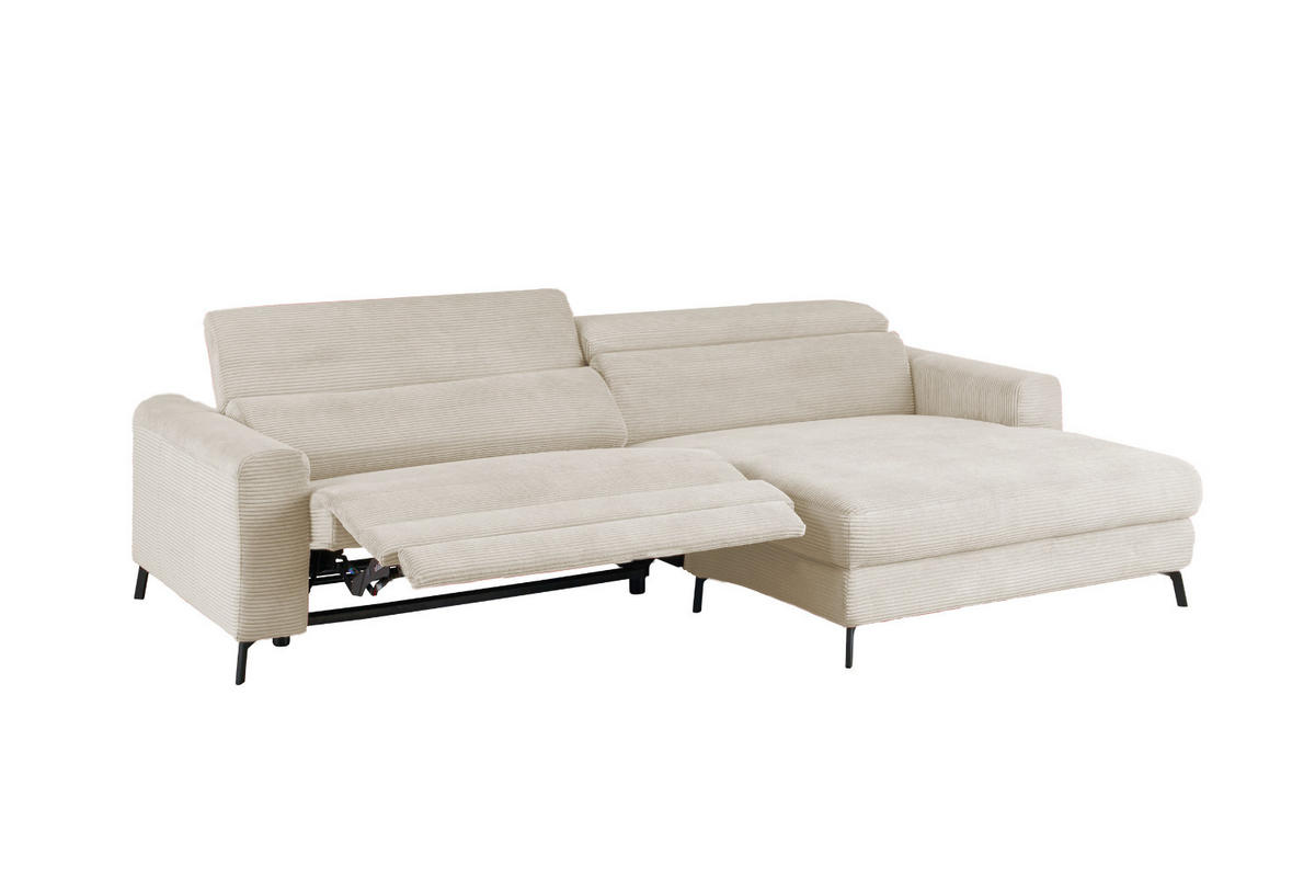 ECKSOFA LAISKA Cremeweiß Cord Relaxfunktion - Creme/Schwarz, Textil/Metall (282/177cm) - KAWOLA