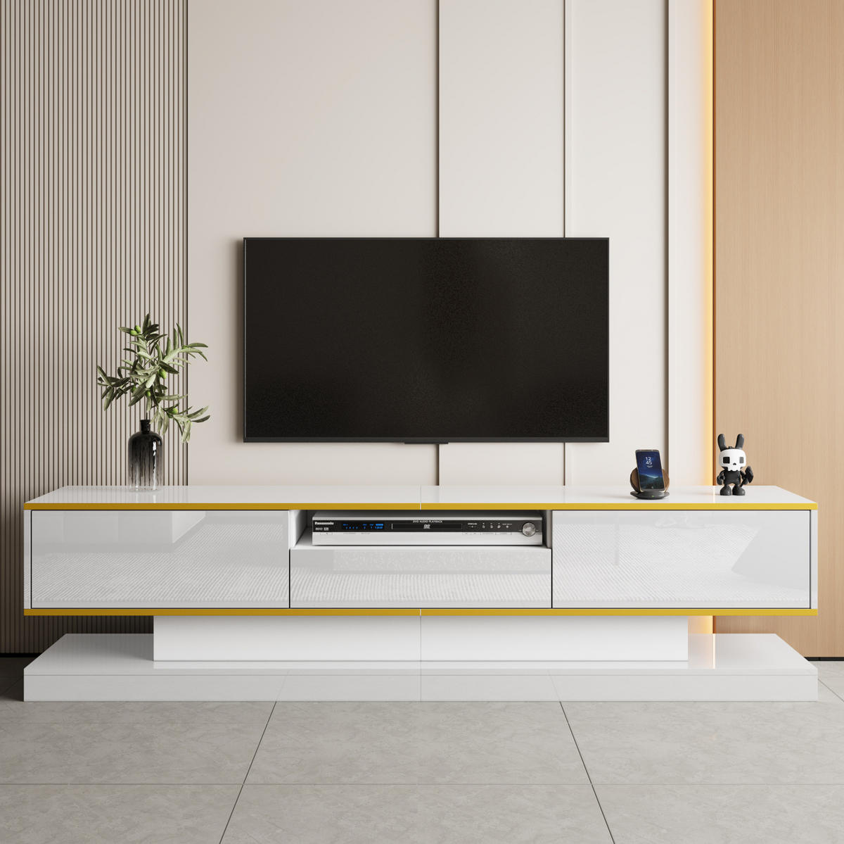 TV stolek 180/38/45 cm bílý se zlatými detaily z dřevotřískové desky s LED osvětlením a třemi zásuvkami - bílá, kompozitní dřevo (180/45/38cm) - OKWISH