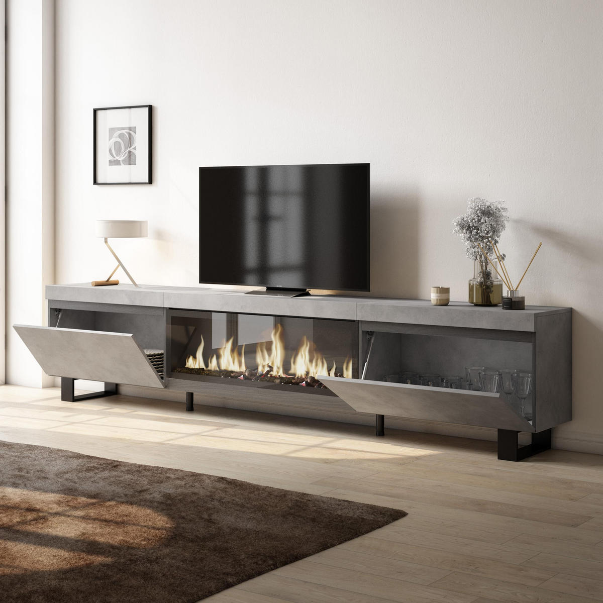 TV-SCHRANK Lowboard, Elektrokamin XXL, zementgrau, 267/35/57cm - Grau, Holzwerkstoff (267/57/35cm) - Skraut Home