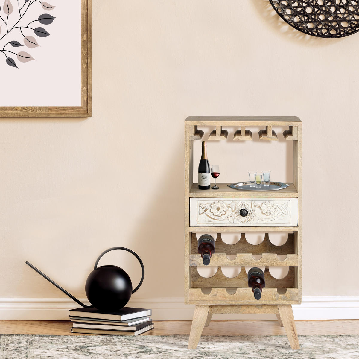 WEINSCHRANK 45x90x40 cm aus Holz mit Gläserhalterung und Schublade - Naturfarben, Holz (40/90/45cm) - WOMO-DESIGN