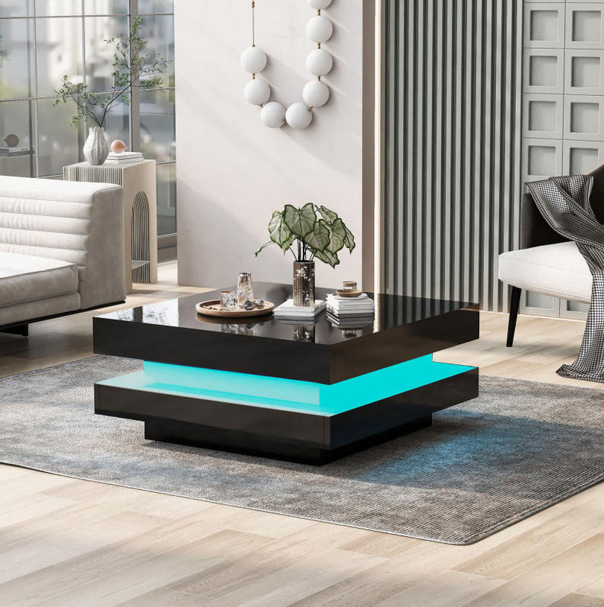 KONFERENČNÍ stolek z dřevotřísky 70x70x36 cm černý s LED osvětlením, Bluetooth ovládáním a vysokým leskem - černá, kompozitní dřevo (70/70/36cm) - Modfu