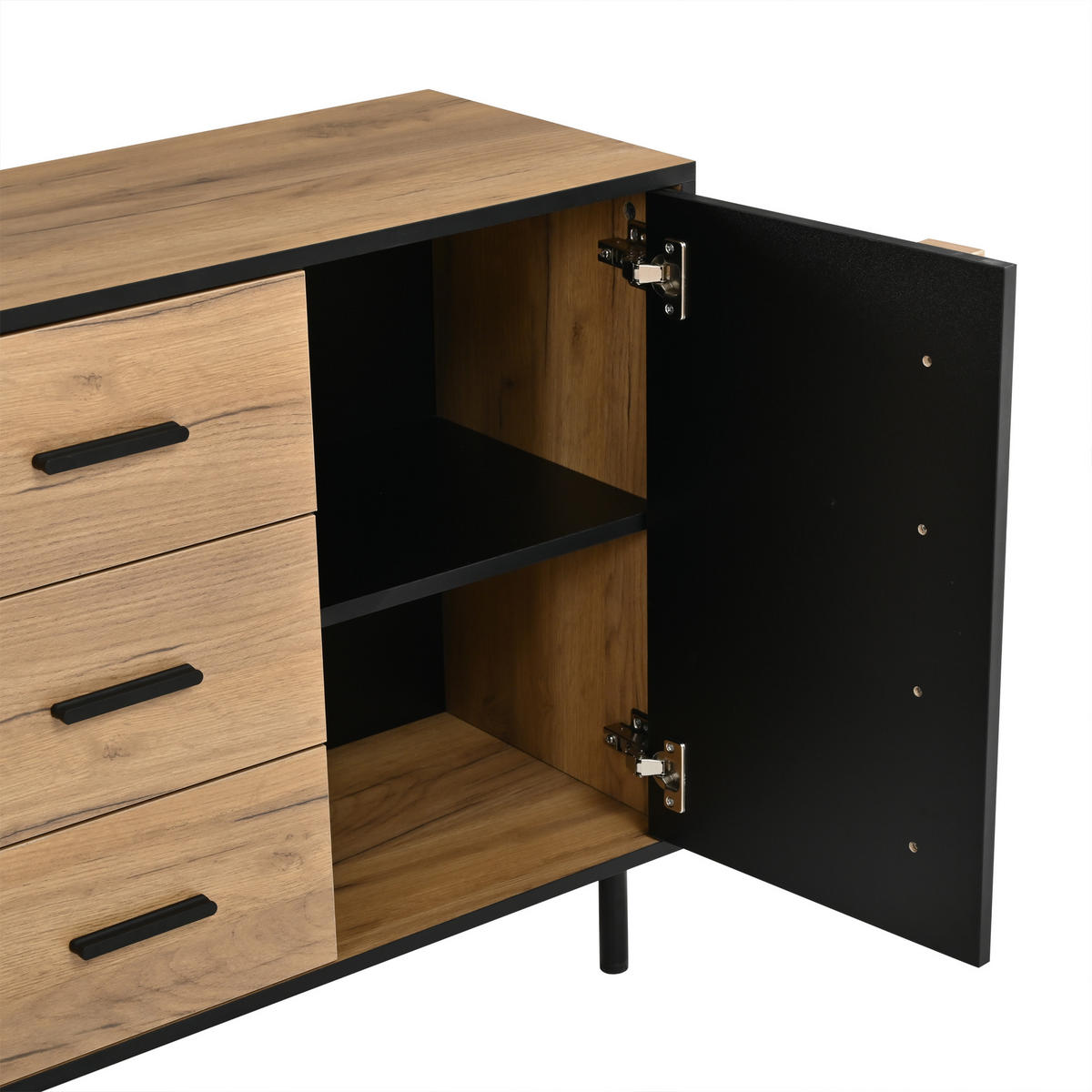 SIDEBOARD 140/35/70 cm mit 3 Türen, 3 Schubladen und Metallbeinen in Schwarz-Naturholzoptik - Schwarz/Naturfarben, Holzwerkstoff (140/70/35cm) - CHICFURN