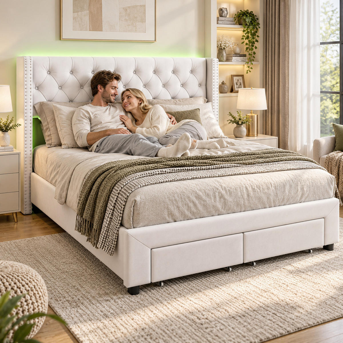 POLSTERBETT 180/200 cm mit LED-Beleuchtung, USB-Ladestation & 2 Aufbewahrungsschubladen, Chesterfield Knopfsteppung mit Nietenbesatz - Beige, Holz/Metall (180/200cm) - Joyfair