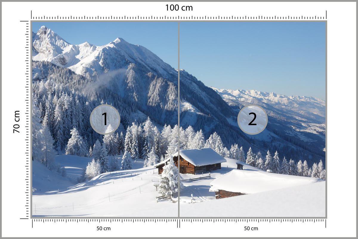 FOTOTAPETA Pre Obývaciu Izbu Drevená Chata Hory Stromy Zima 100 x 70 cm - biela, papier (100/70cm) - Muralo