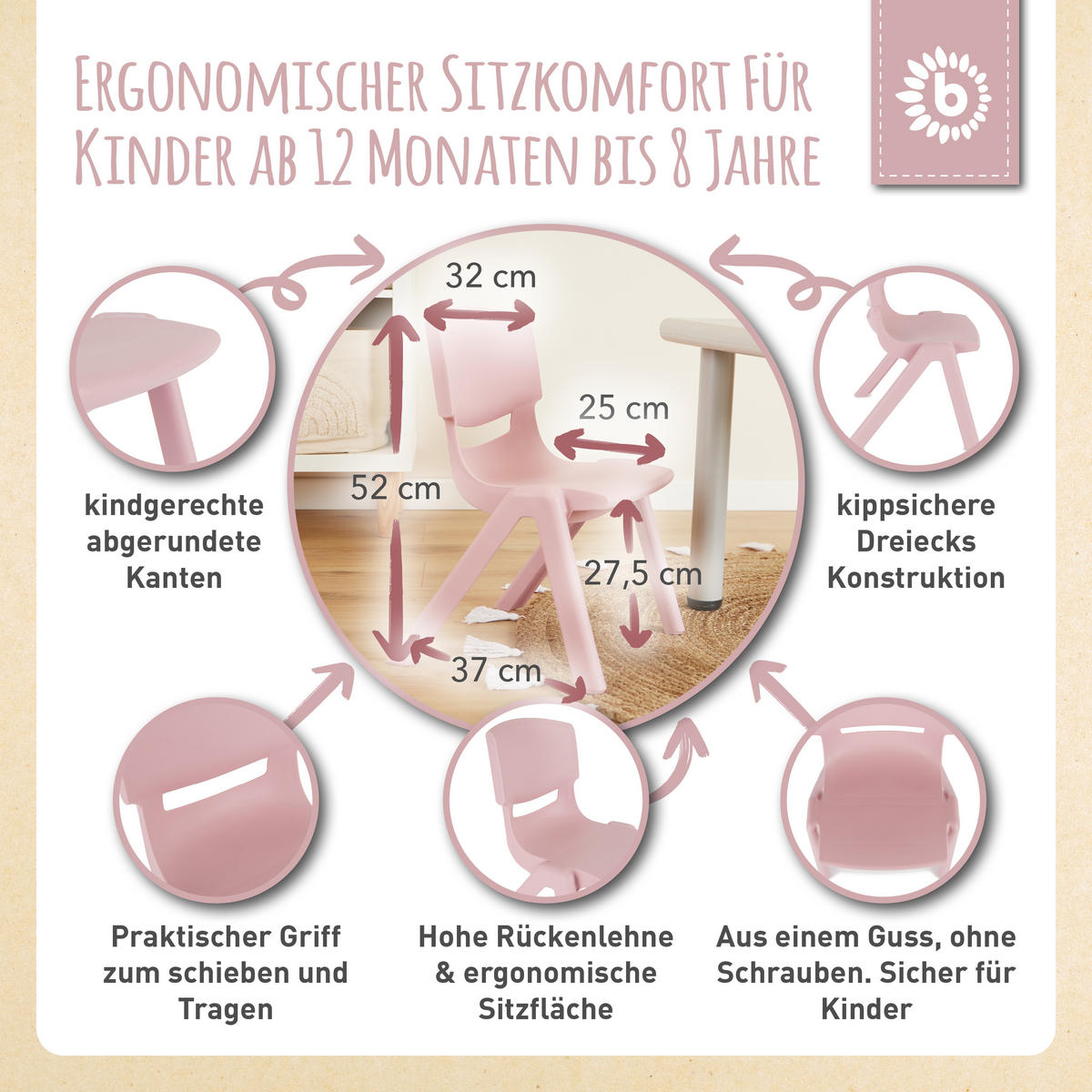 KINDERTISCH mit 2 Stühlen stapelbar - Rosa, Kunststoff (62/52/62cm) - Bieco Spielwaren