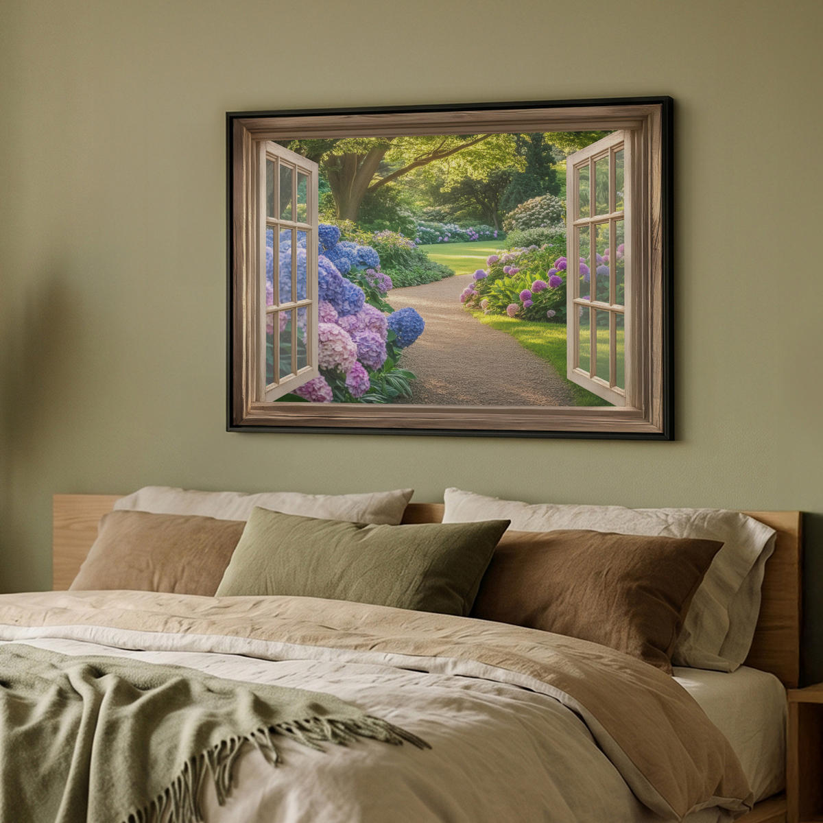 LEINWAND Bilder mit Rahmen - Aussicht - Garten - Fenster - Hortensie - Blumen - 100x70 - Pastellblau, Textil (100/70cm) - MuchoWow