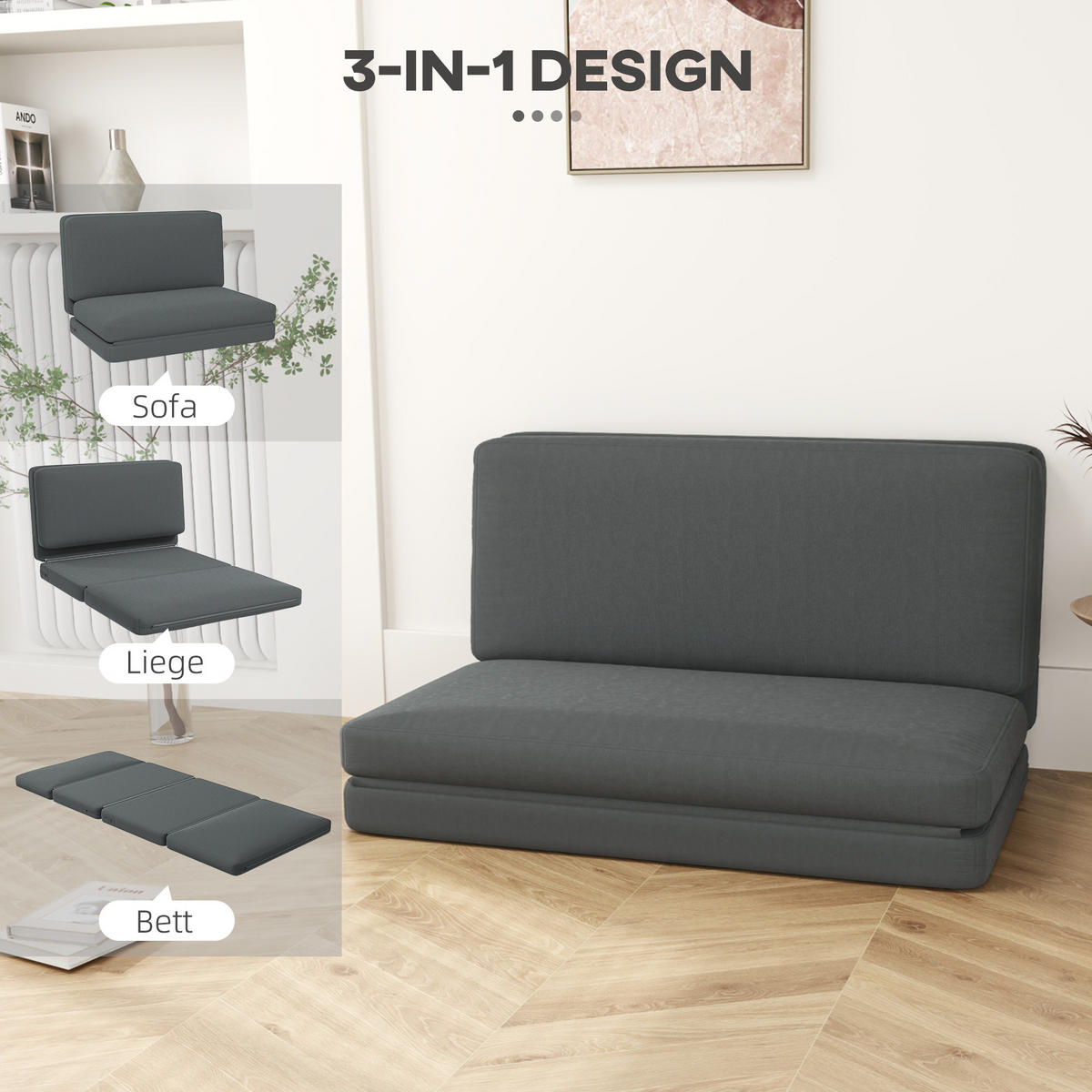 BODENSOFA 3-in-1 Klappbar Schlafsofa mit Samtoptik für Schlafzimmer, Wohnzimmer - Dunkelgrau, Textil (138/10/270cm) - HOMCOM