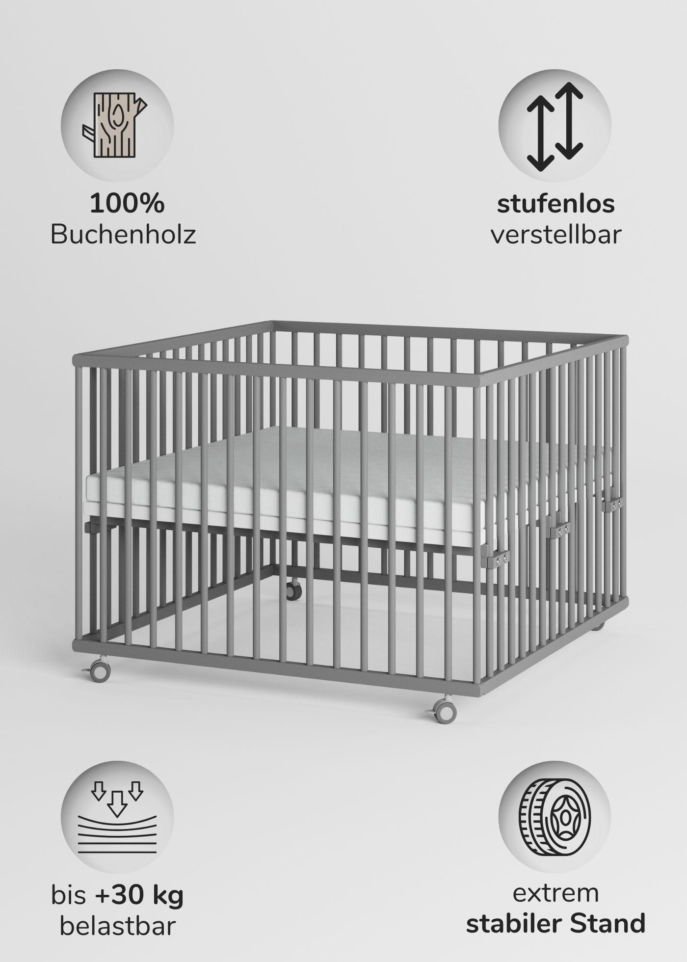 LAUFGITTER 100x100 cm mit Matratze SleepPlus - grau - Premium Kollektion - Grau, Holz (100/74/100cm) - Sämann – make a difference.
