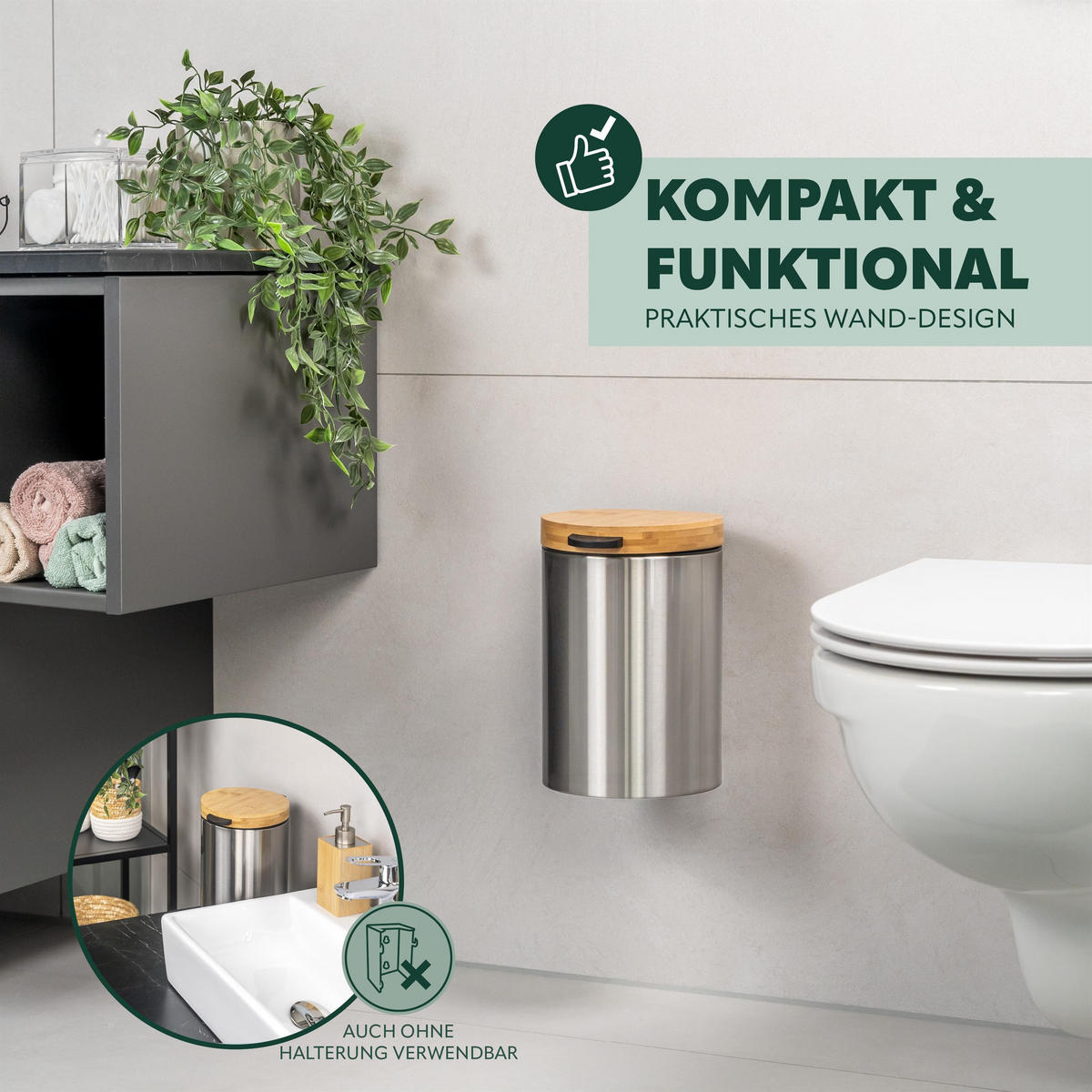 WAND-KOSMETIKEIMER 3 L, rund, Edelstahl - Edelstahlfarben, Metall (17/25/23cm) - bremermann