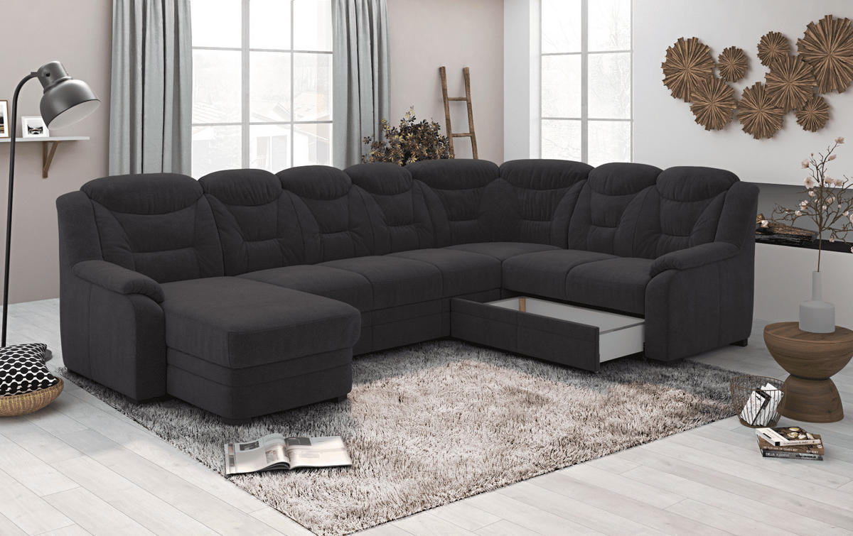 WOHNLANDSCHAFT mit Schlaffunktion und Bettkasten – weiches Chenille-Gewebe - Anthrazit/Schwarz, Holz/Kunststoff (211/99/330cm) - Cotta