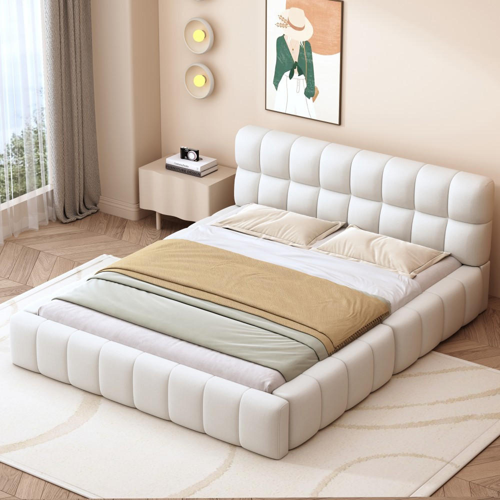POLSTERBETT 140 x 200 cm mit weicher Rückenlehne in Beige Leinen - Beige, Holz/Textil (140/200cm) - KOMHTOM