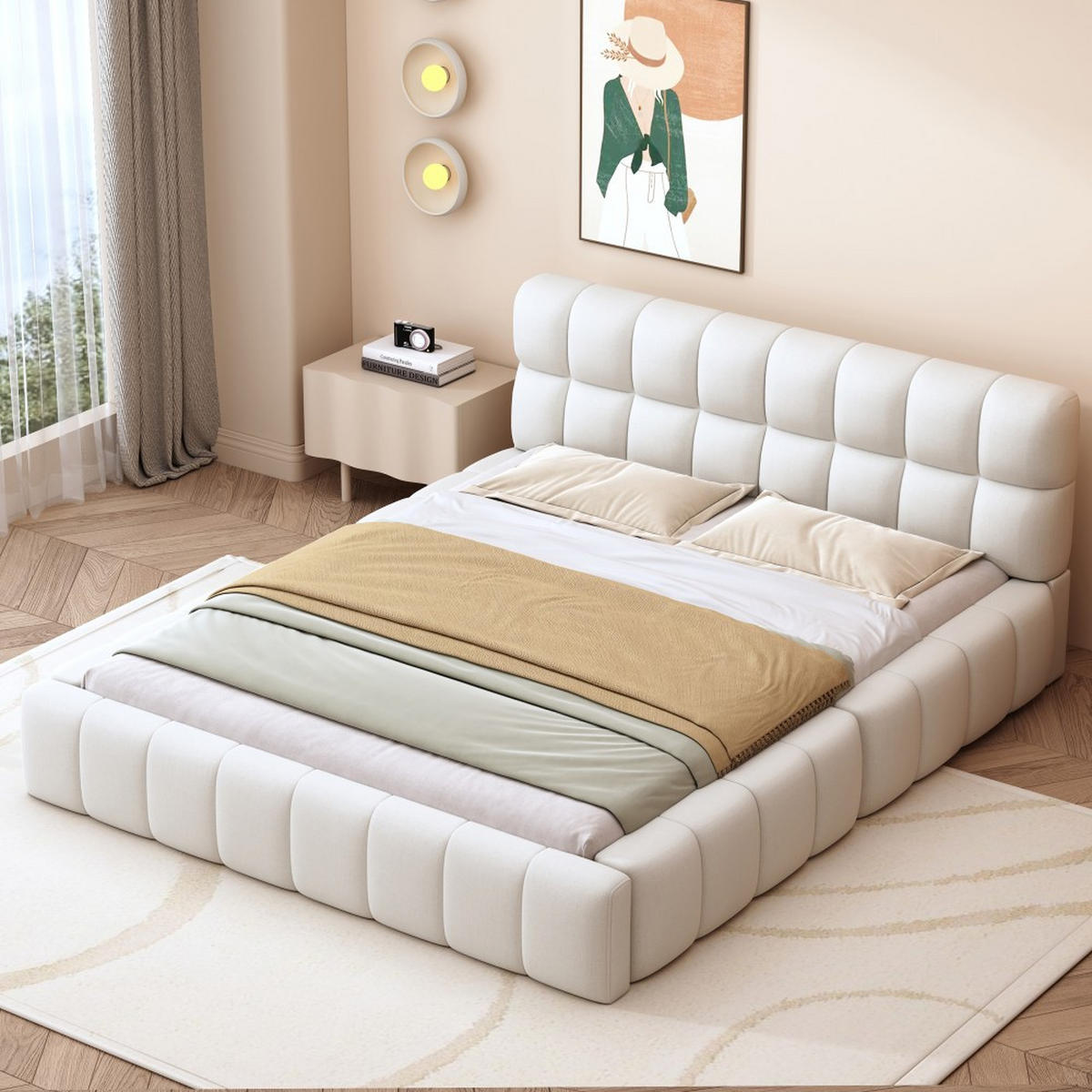 POLSTERBETT 140 x 200 cm mit weicher Rückenlehne in Beige Leinen - Beige, Holz/Textil (140/200cm) - KOMHTOM