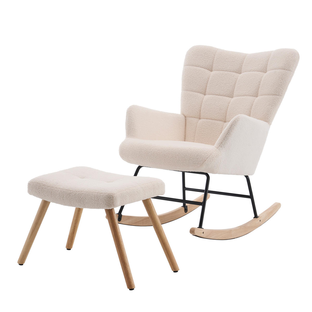 SCHAUKELSTUHL in Beige mit weichem Sherpa-Bezug und Fußhocker - Beige/Naturfarben, Holz/Textil (68/91/88cm) - CHICFURN