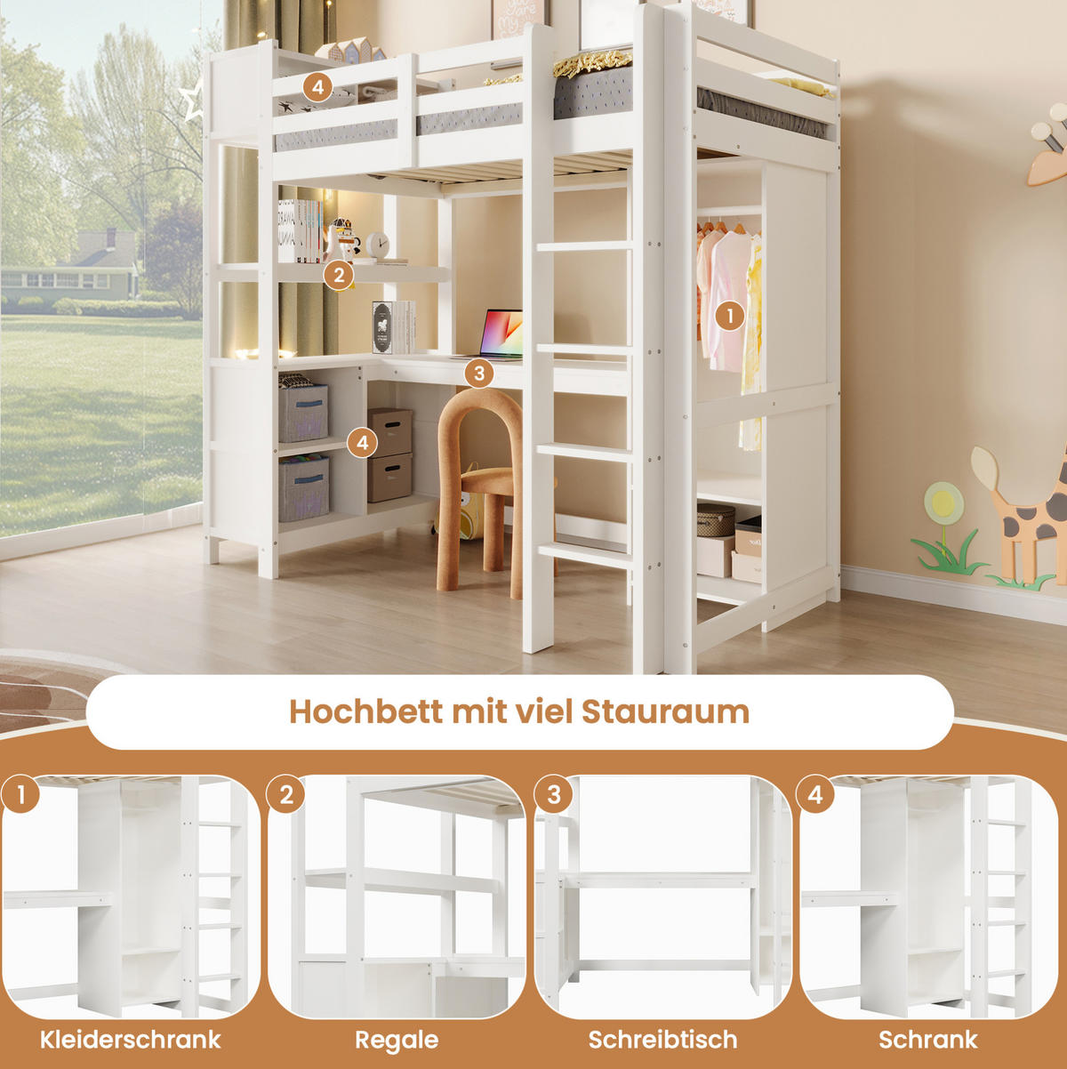 HOCHBETT 90/200 cm aus Kiefer und MDF mit Schreibtisch, Regalen und Kleiderschrank Weiß - Weiß, Holz (90/200cm) - Modenvie