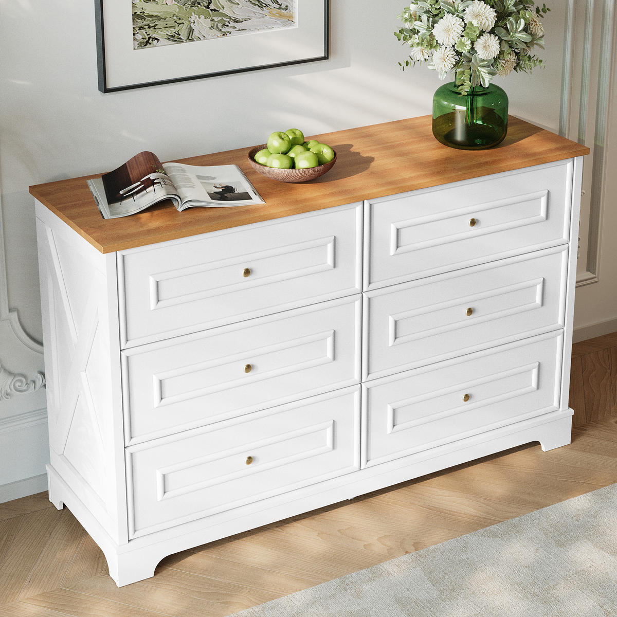 SIDEBOARD in Weiß Kommode mit 6 Schubladen und viel Stauraum, für Wohnzimmer, Esszimmer oder Flur, B120/T40/H76cm - Weiß, Holzwerkstoff (120/76/40cm) - STILVORA
