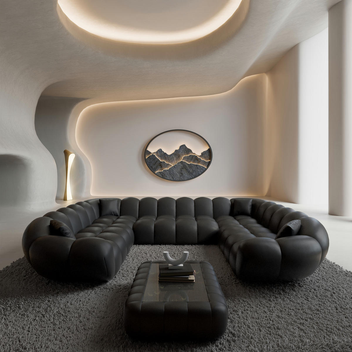 WOHNLANDSCHAFT Liva Schwarz Kunstleder U-Form XXL Panorama - Schwarz, Kunststoff (316/70/258cm) - VAROYAL