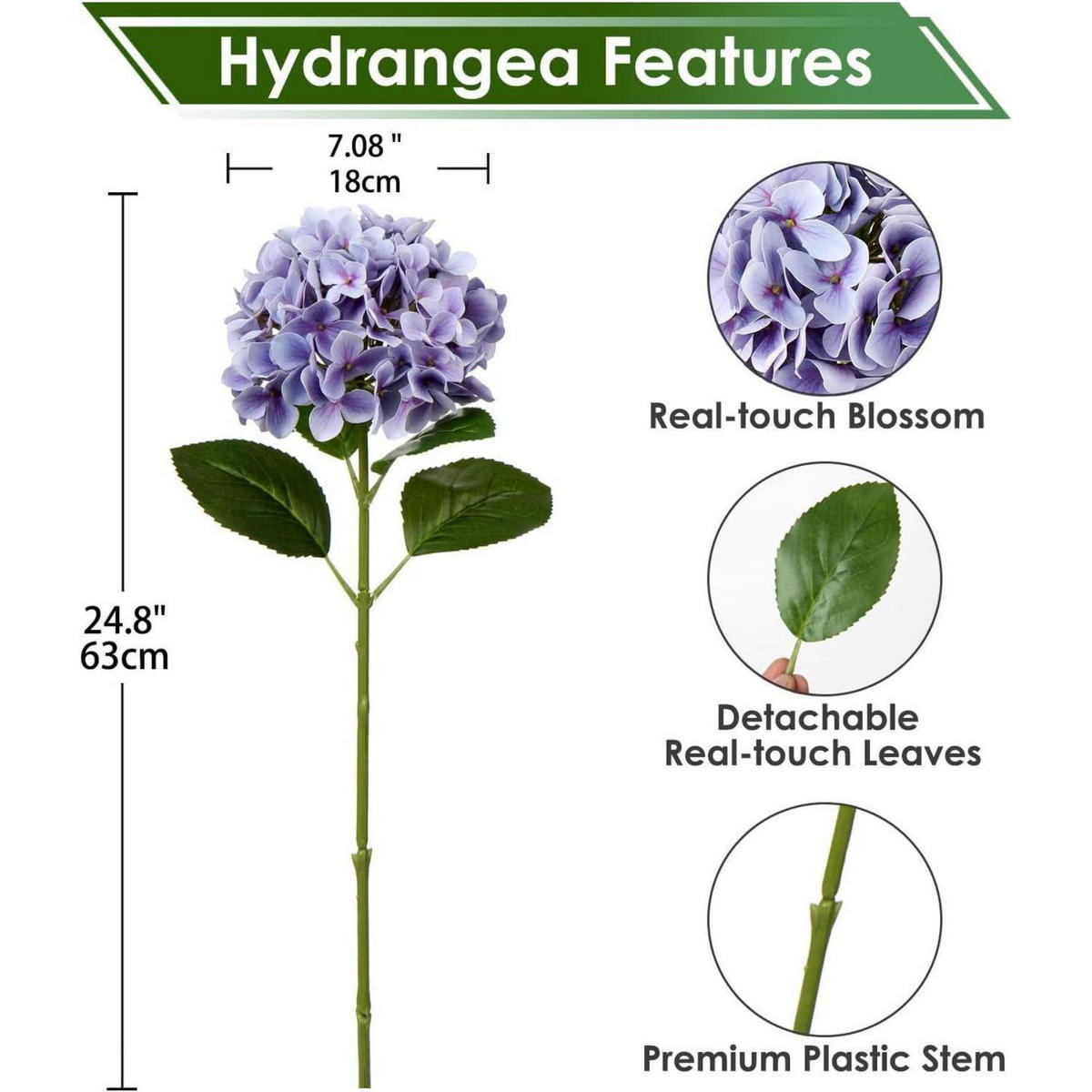 KUNSTBLUME Hortensie Real-Touch 63 cm Medium Purple 2 Stück - Lila, Kunststoff (10cm)